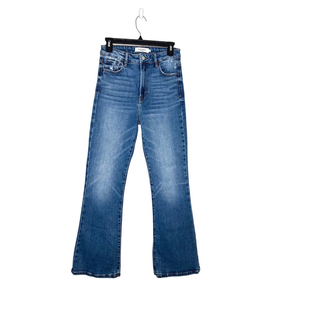 Hidden Happi High Rise Flare Jeans Sz 27 Med Wash Slight Distressing Stretch